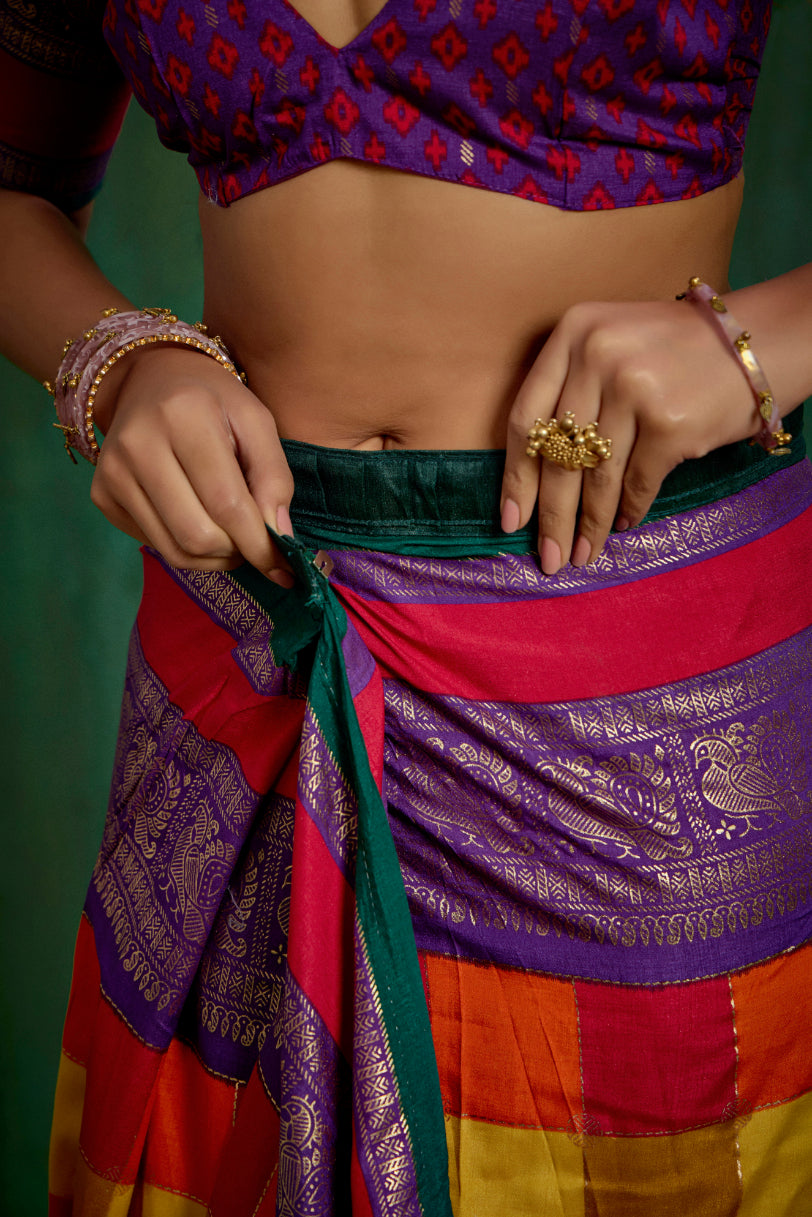 Shop Multi Elegant Tussar Silk Block Print Ready to Wear Sarees Online - Best Prices-RTW-4043