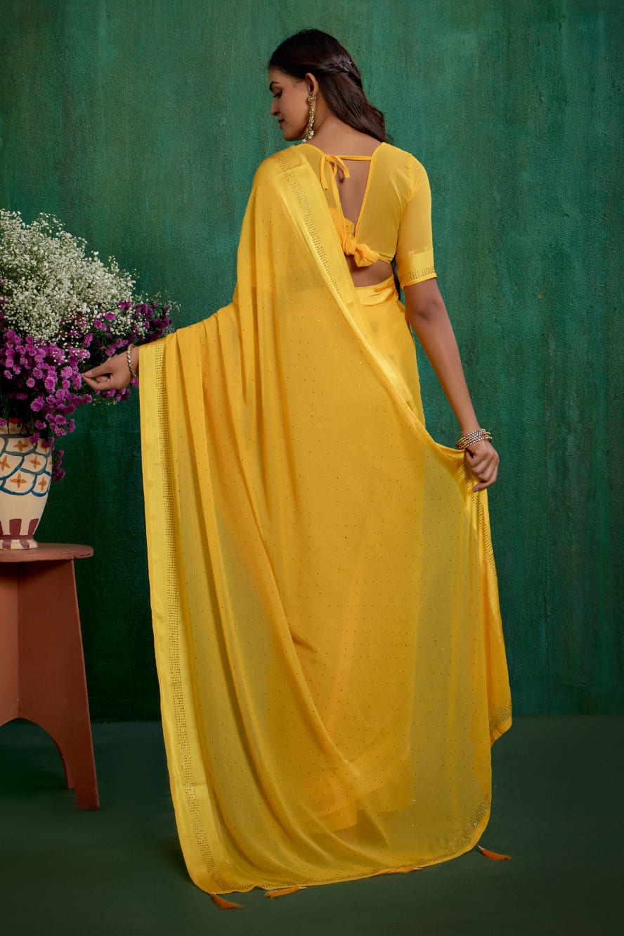 Elegant Yellow Chiffon Swarovski Ready to Wear Saree - Shop Now for Glamorous Style-RTW-4094