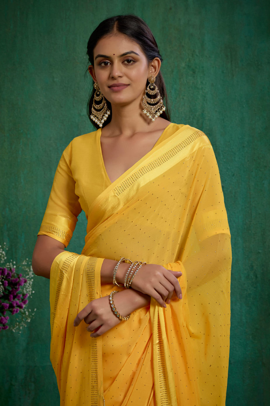 Elegant Yellow Chiffon Swarovski Ready to Wear Saree - Shop Now for Glamorous Style-RTW-4094