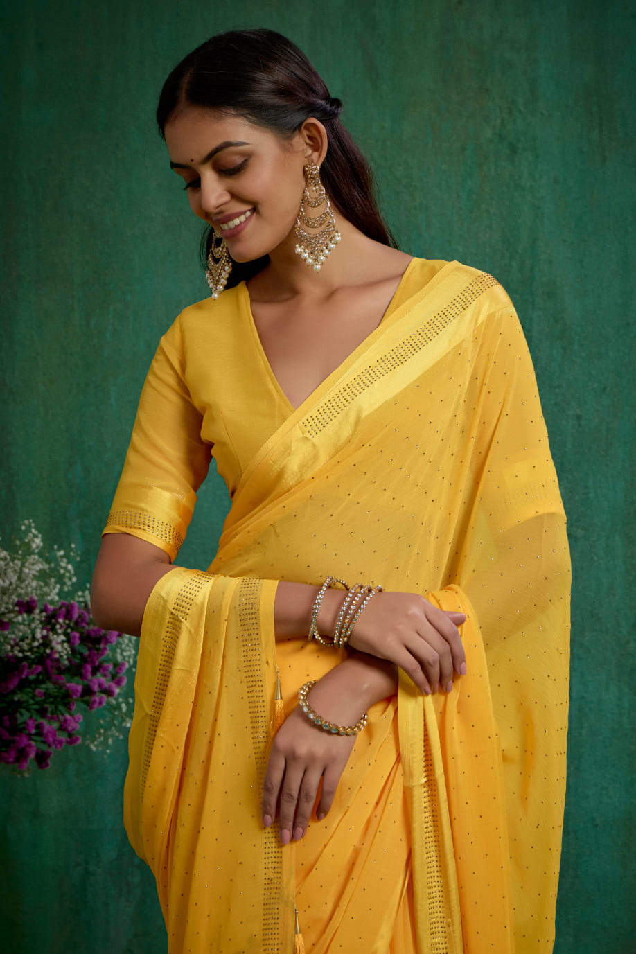 Elegant Yellow Chiffon Swarovski Ready to Wear Saree - Shop Now for Glamorous Style-RTW-4094