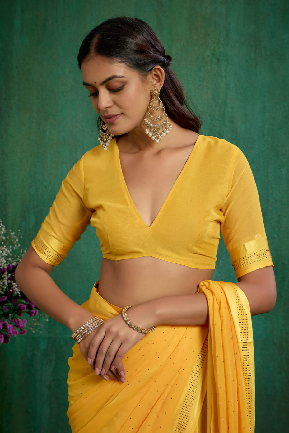 Elegant Yellow Chiffon Swarovski Ready to Wear Saree - Shop Now for Glamorous Style-RTW-4094