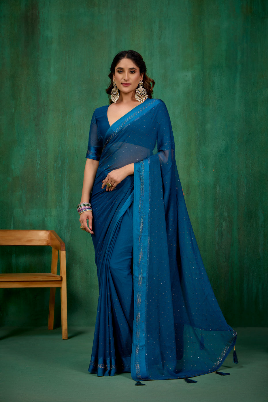 Elegant Teal Chiffon Swarovski Ready to Wear Saree - Shop Now for Glamorous Style-RTW-4096