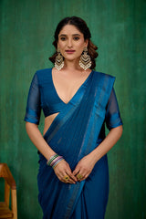 Elegant Teal Chiffon Swarovski Ready to Wear Saree - Shop Now for Glamorous Style-RTW-4096