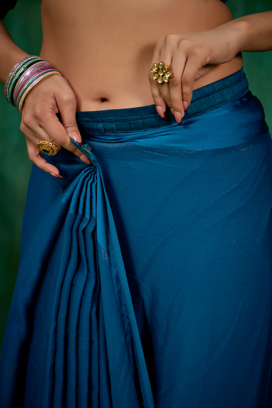 Elegant Teal Chiffon Swarovski Ready to Wear Saree - Shop Now for Glamorous Style-RTW-4096