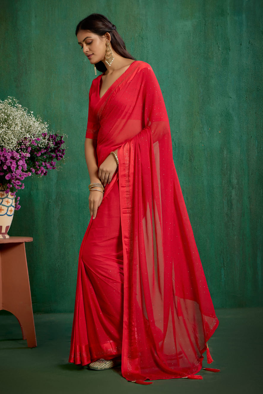 Elegant Red Chiffon Swarovski Ready to Wear Saree - Shop Now for Glamorous Style-RTW-4097