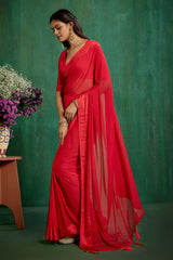 Elegant Red Chiffon Swarovski Ready to Wear Saree - Shop Now for Glamorous Style-RTW-4097