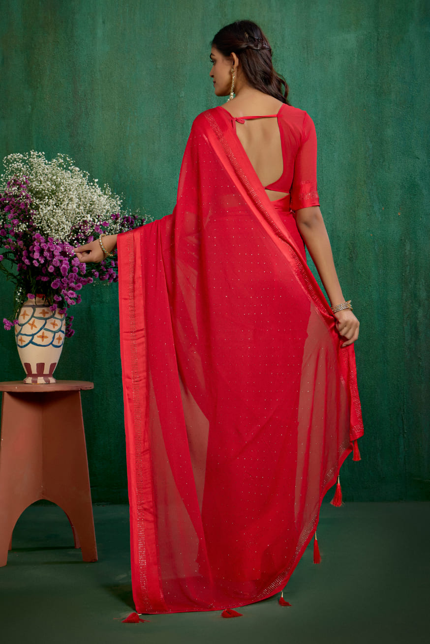 Elegant Red Chiffon Swarovski Ready to Wear Saree - Shop Now for Glamorous Style-RTW-4097