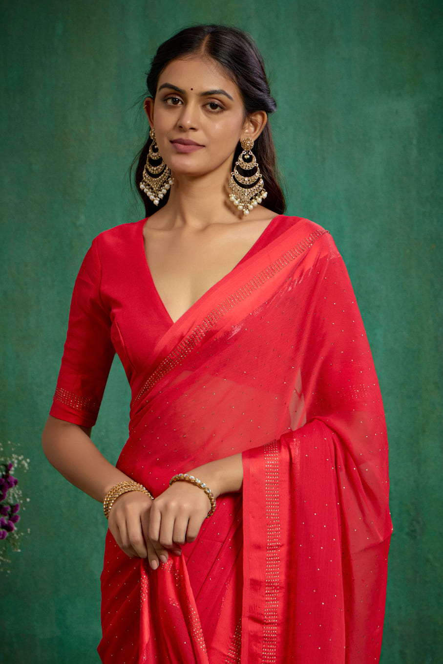Elegant Red Chiffon Swarovski Ready to Wear Saree - Shop Now for Glamorous Style-RTW-4097