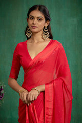 Elegant Red Chiffon Swarovski Ready to Wear Saree - Shop Now for Glamorous Style-RTW-4097