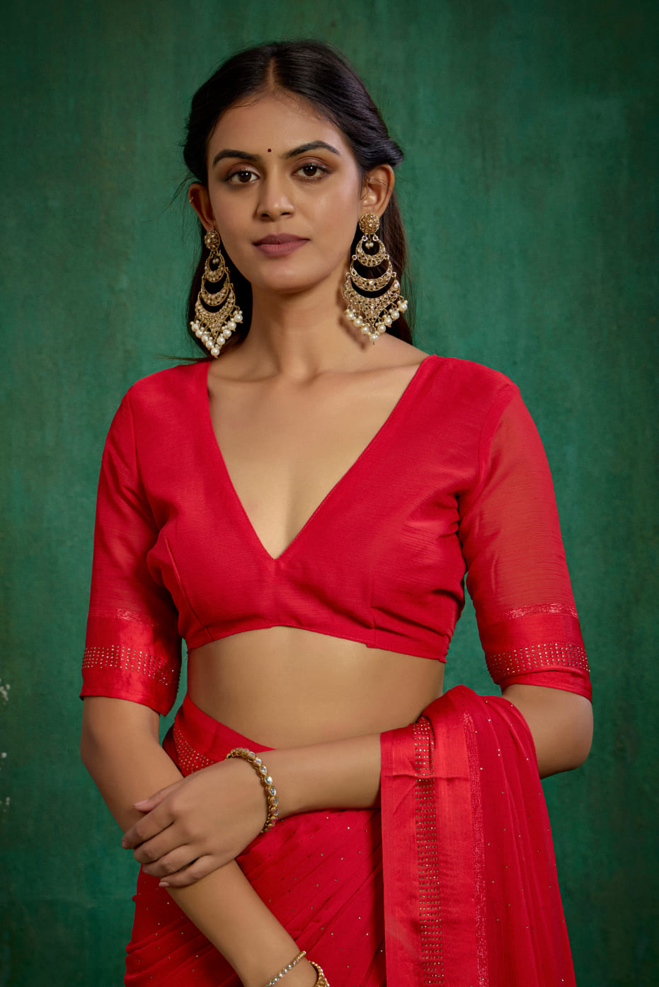 Elegant Red Chiffon Swarovski Ready to Wear Saree - Shop Now for Glamorous Style-RTW-4097