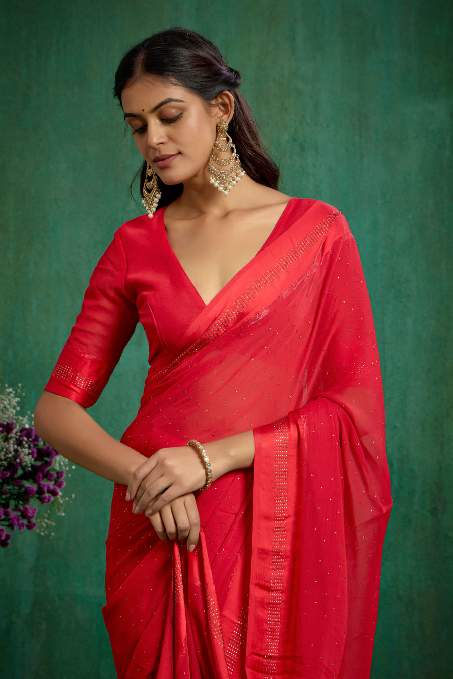 Elegant Red Chiffon Swarovski Ready to Wear Saree - Shop Now for Glamorous Style-RTW-4097