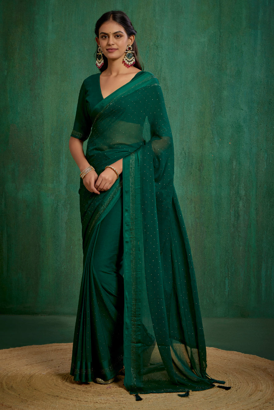 Elegant Green Chiffon Swarovski Ready to Wear Saree - Shop Now for Glamorous Style-RTW-4099
