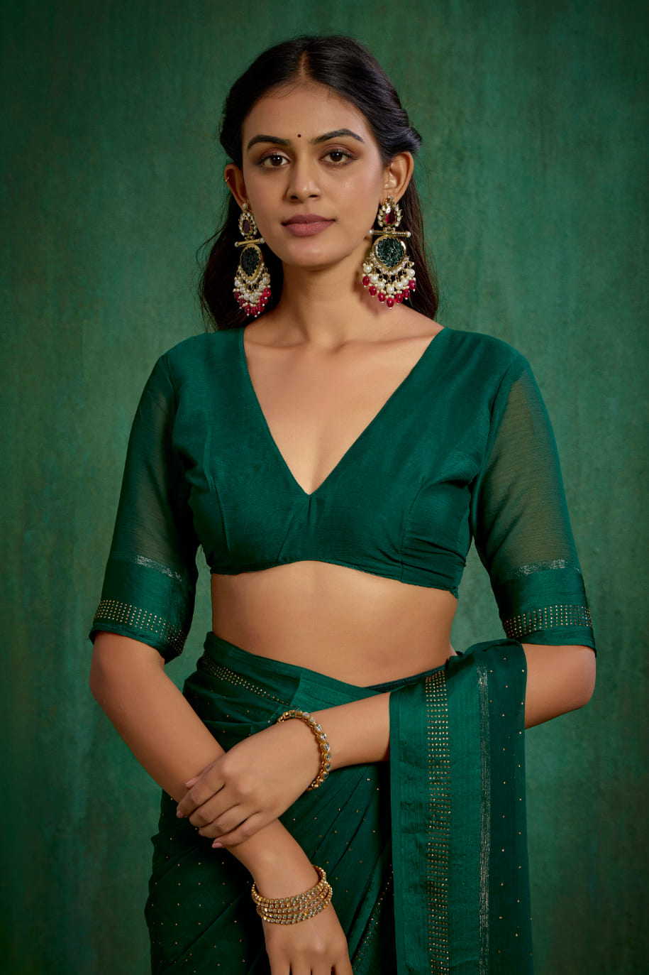 Elegant Green Chiffon Swarovski Ready to Wear Saree - Shop Now for Glamorous Style-RTW-4099