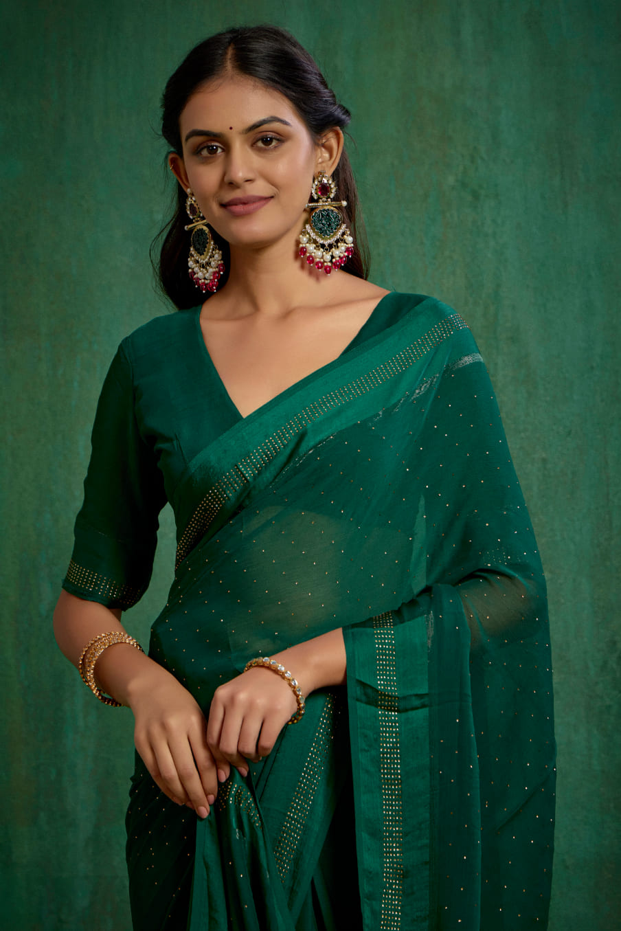 Elegant Green Chiffon Swarovski Ready to Wear Saree - Shop Now for Glamorous Style-RTW-4099
