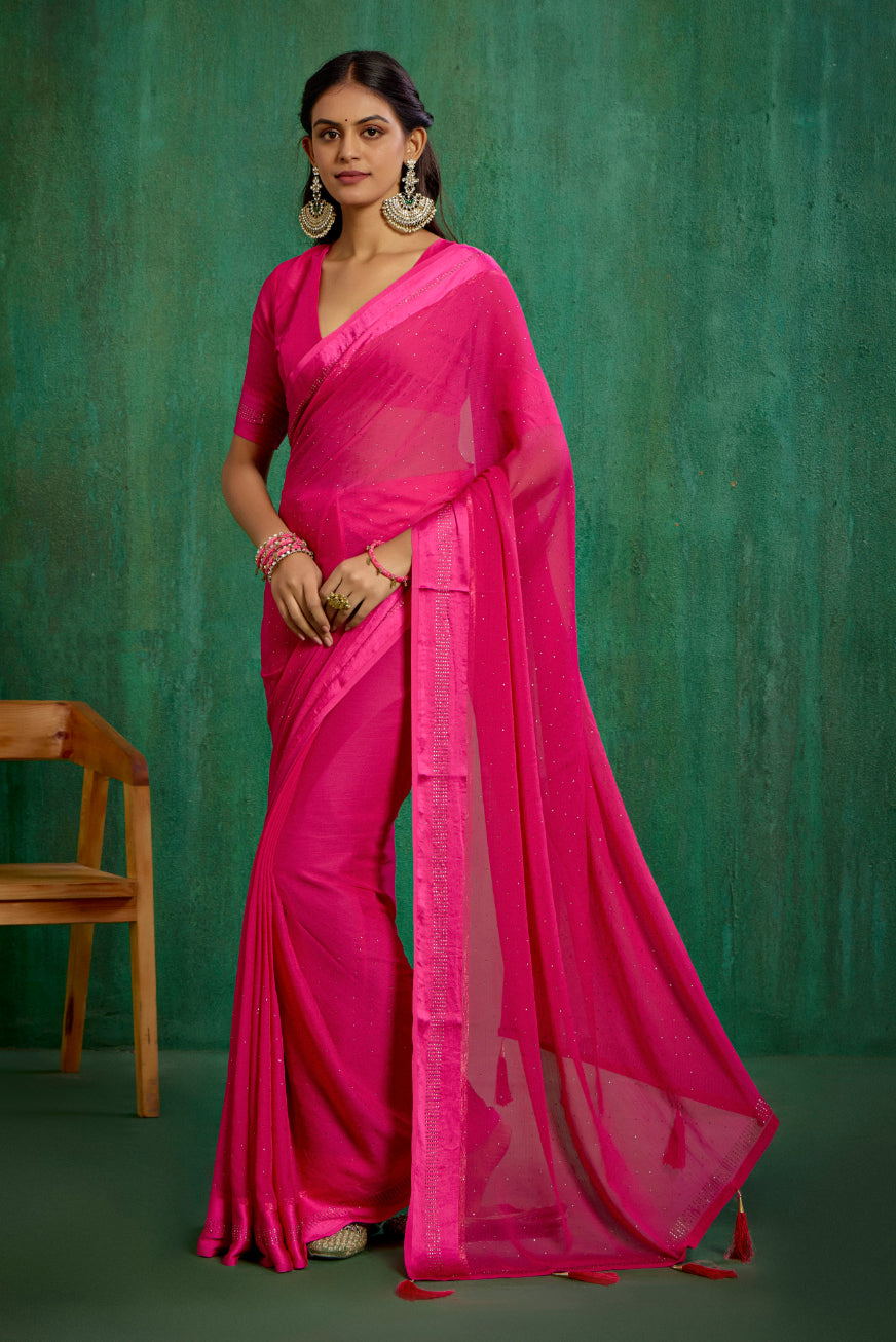 Elegant Pink Chiffon Swarovski Ready to Wear Saree - Shop Now for Glamorous Style-RTW-4100