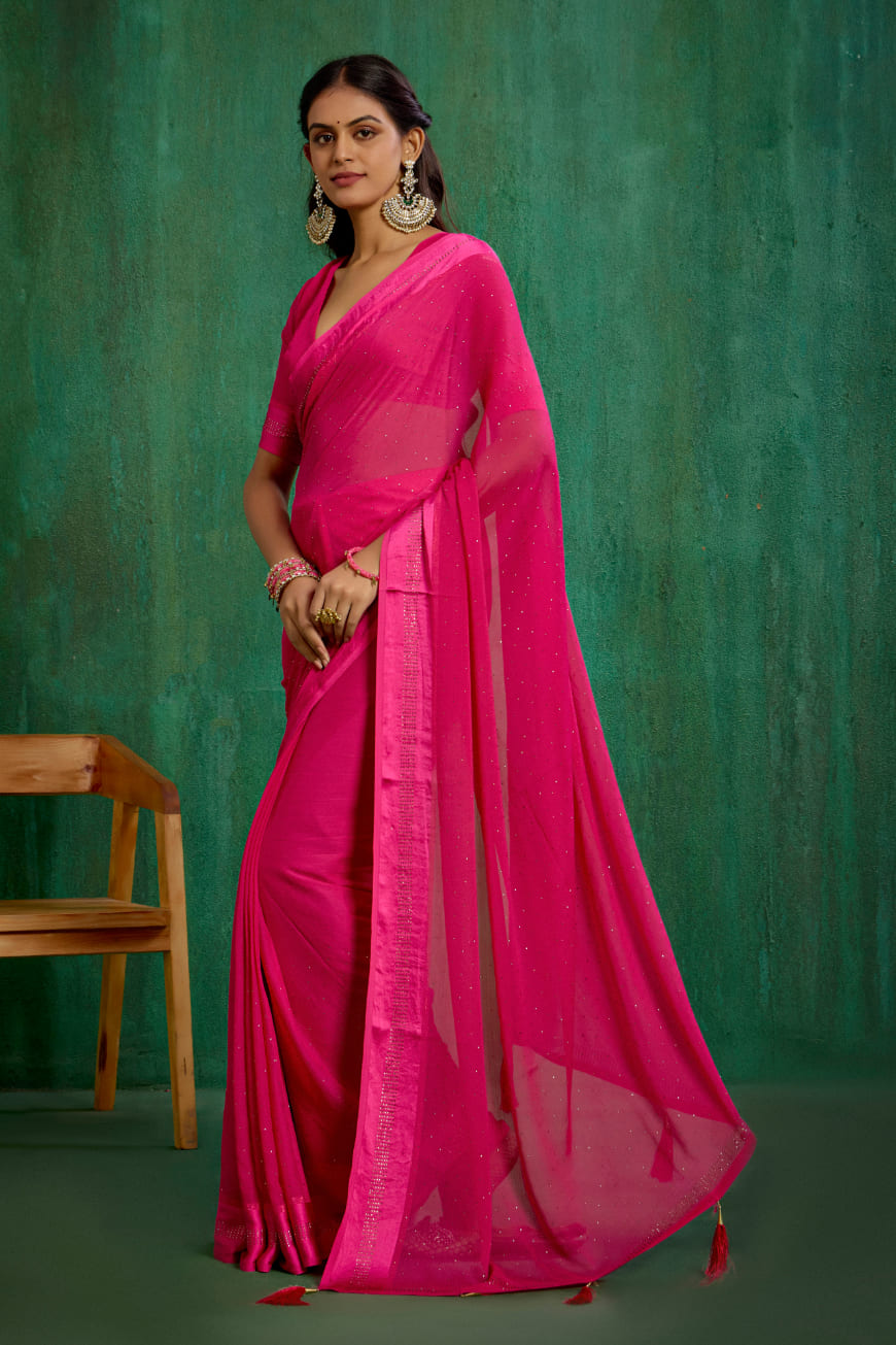 Elegant Pink Chiffon Swarovski Ready to Wear Saree - Shop Now for Glamorous Style-RTW-4100