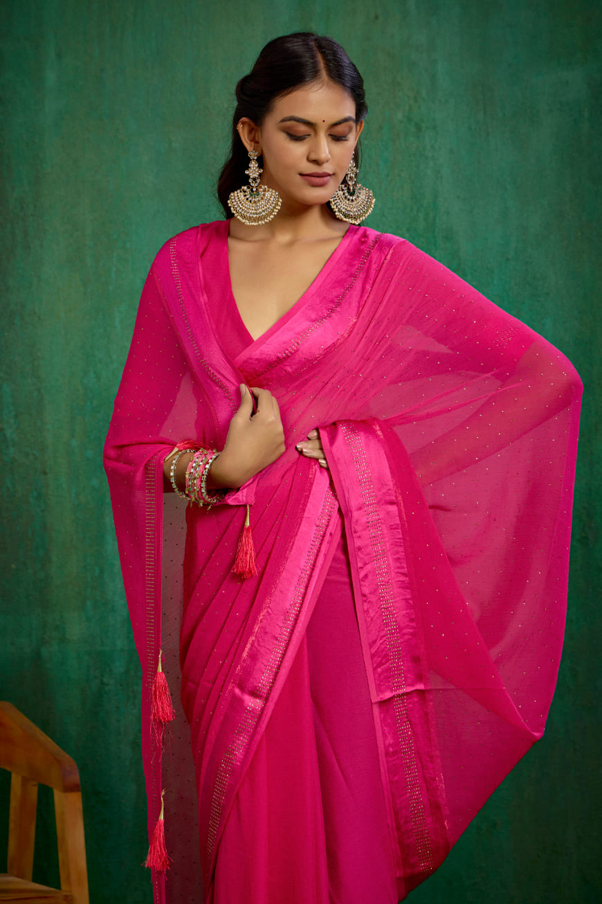 Elegant Pink Chiffon Swarovski Ready to Wear Saree - Shop Now for Glamorous Style-RTW-4100