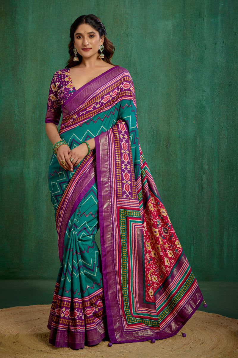 Purple Velvet Tusser Silk Patola Print Ready to Wear Saree - Elegant & Stylish Fashion-RTW-4179