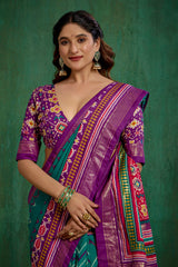 Purple Velvet Tusser Silk Patola Print Ready to Wear Saree - Elegant & Stylish Fashion-RTW-4179