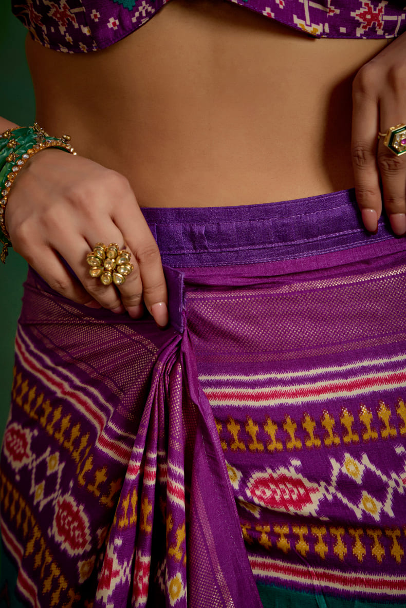 Purple Velvet Tusser Silk Patola Print Ready to Wear Saree - Elegant & Stylish Fashion-RTW-4179