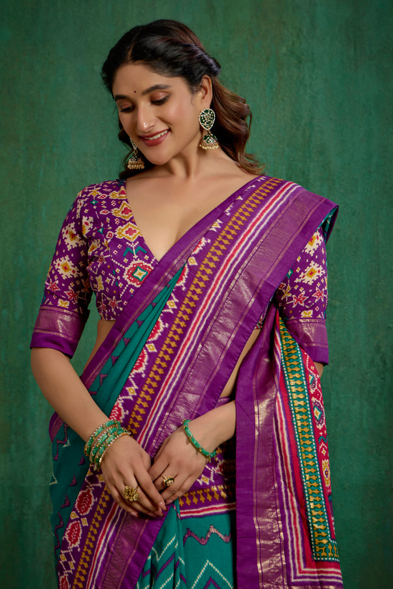 Purple Velvet Tusser Silk Patola Print Ready to Wear Saree - Elegant & Stylish Fashion-RTW-4179