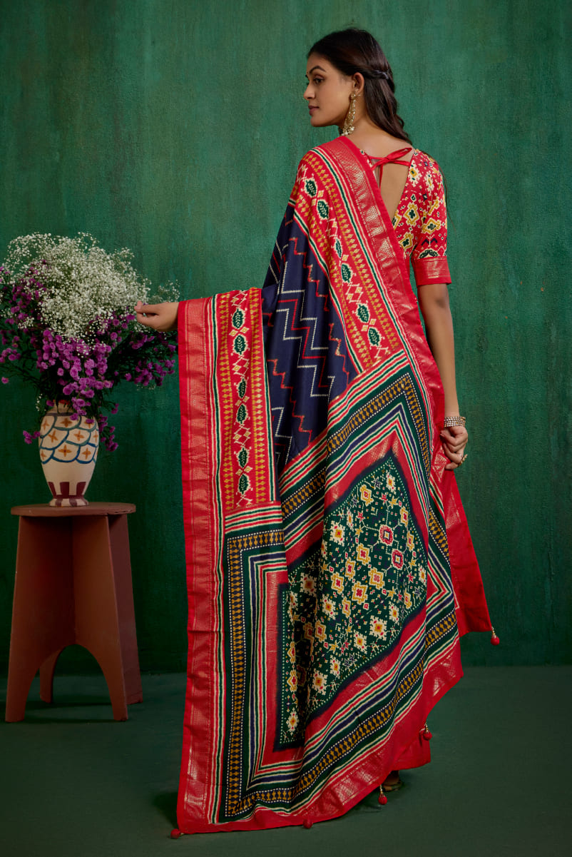 Red Velvet Tusser Silk Patola Print Ready to Wear Saree - Elegant & Stylish Fashion-RTW-4180