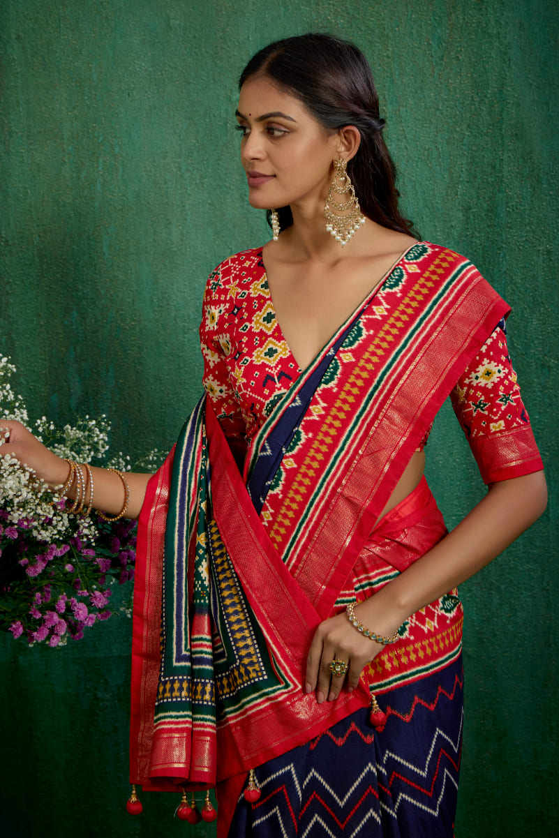 Red Velvet Tusser Silk Patola Print Ready to Wear Saree - Elegant & Stylish Fashion-RTW-4180
