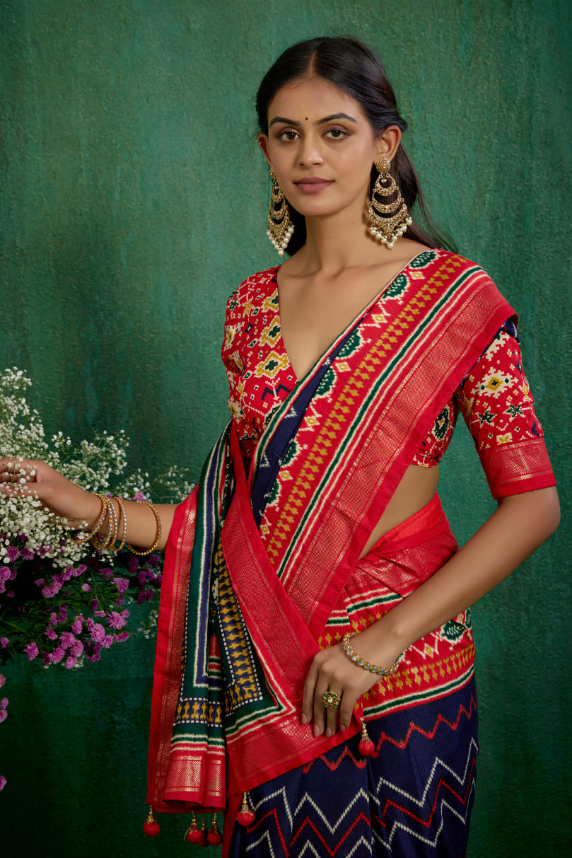 Red Velvet Tusser Silk Patola Print Ready to Wear Saree - Elegant & Stylish Fashion-RTW-4180