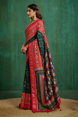 Green Velvet Tusser Silk Patola Print Ready to Wear Saree - Elegant & Stylish Fashion-RTW-4181