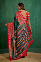 Green Velvet Tusser Silk Patola Print Ready to Wear Saree - Elegant & Stylish Fashion-RTW-4181