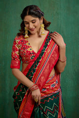 Green Velvet Tusser Silk Patola Print Ready to Wear Saree - Elegant & Stylish Fashion-RTW-4181