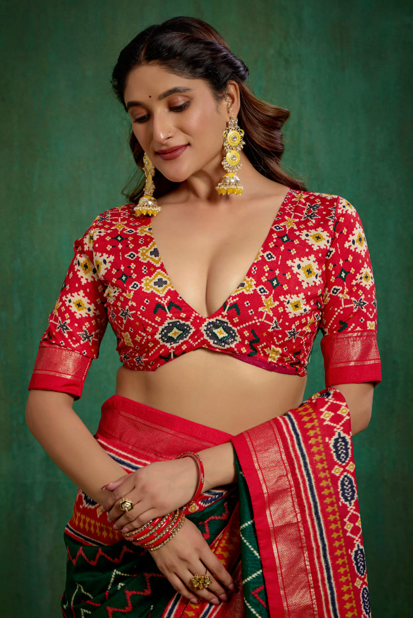 Green Velvet Tusser Silk Patola Print Ready to Wear Saree - Elegant & Stylish Fashion-RTW-4181