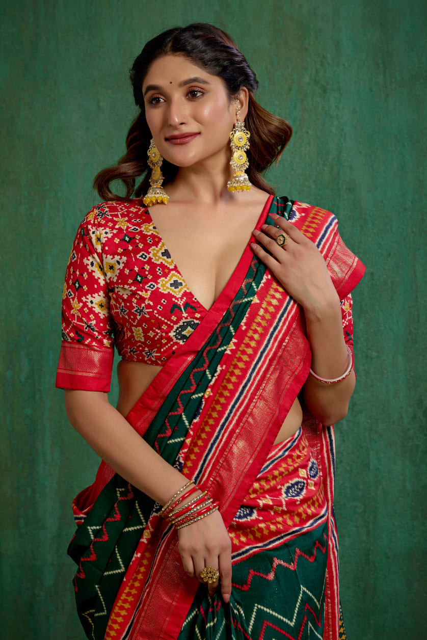 Green Velvet Tusser Silk Patola Print Ready to Wear Saree - Elegant & Stylish Fashion-RTW-4181