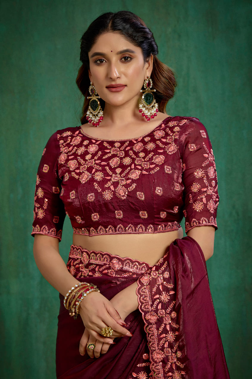 Wine Shop Elegant Silk Blend Embroidery Ready to Wear Saree - Perfect for Any Occasion-RTW-4291