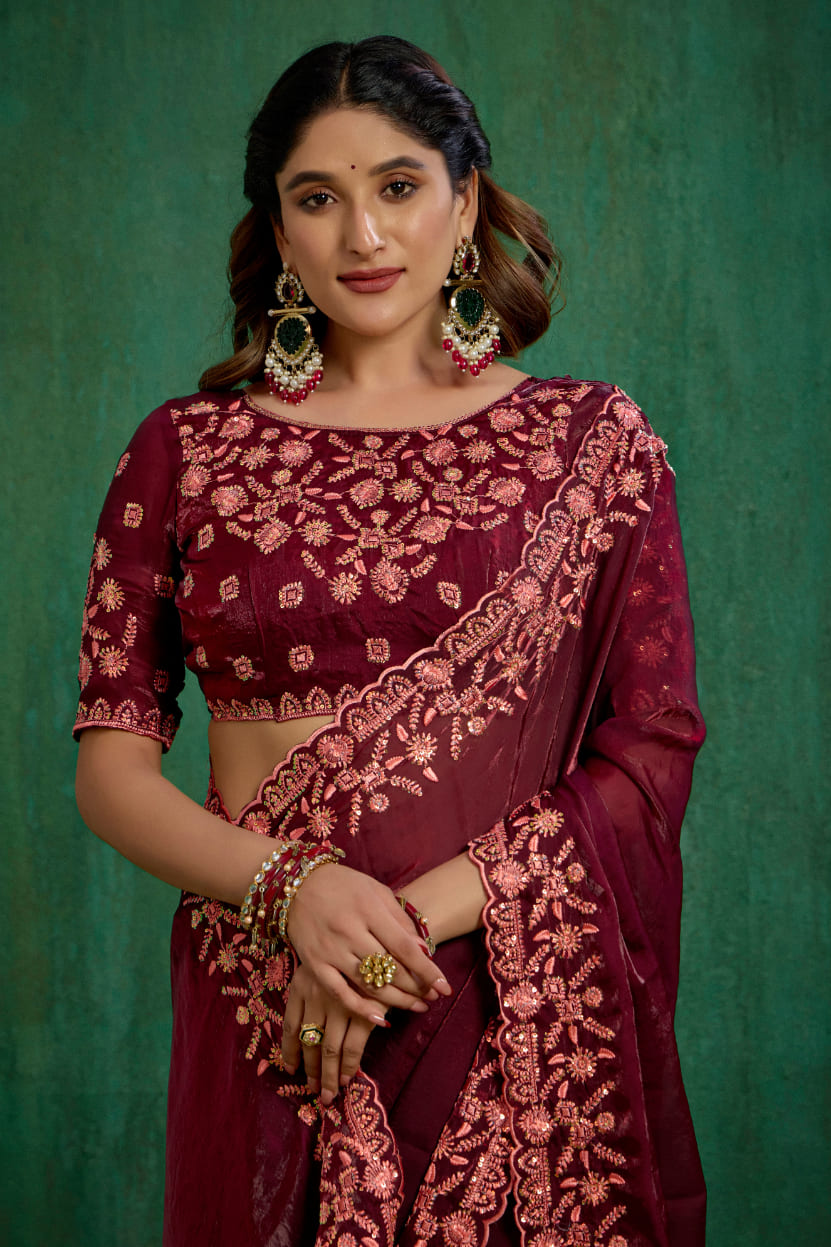 Wine Shop Elegant Silk Blend Embroidery Ready to Wear Saree - Perfect for Any Occasion-RTW-4291