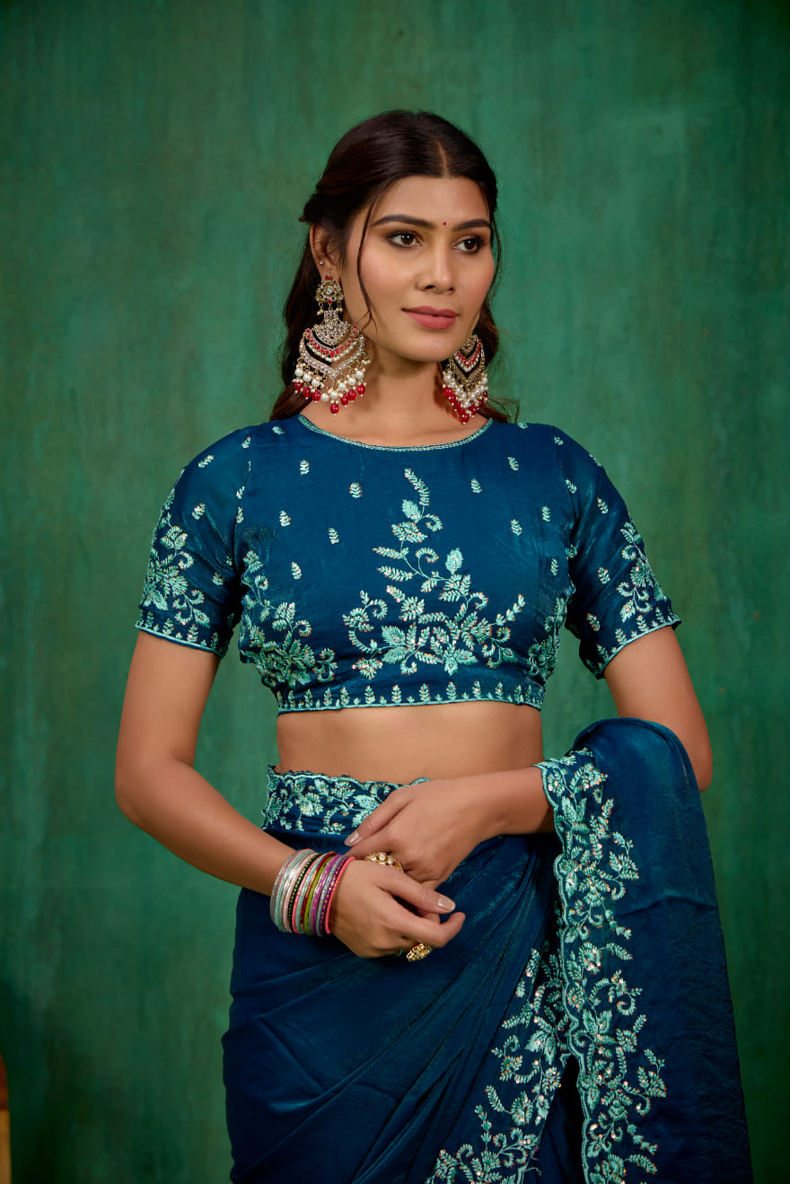 Sea Green Shop Elegant Silk Blend Embroidery Ready to Wear Saree - Perfect for Any Occasion-RTW-4292