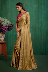 Brown Elegant Satin Jacquard Embroidery Ready to Wear Saree - Shop Now Online-RTW-4374