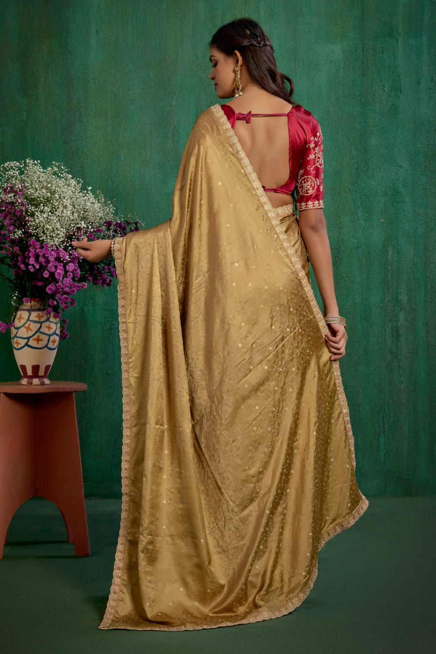 Brown Elegant Satin Jacquard Embroidery Ready to Wear Saree - Shop Now Online-RTW-4374