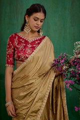 Brown Elegant Satin Jacquard Embroidery Ready to Wear Saree - Shop Now Online-RTW-4374