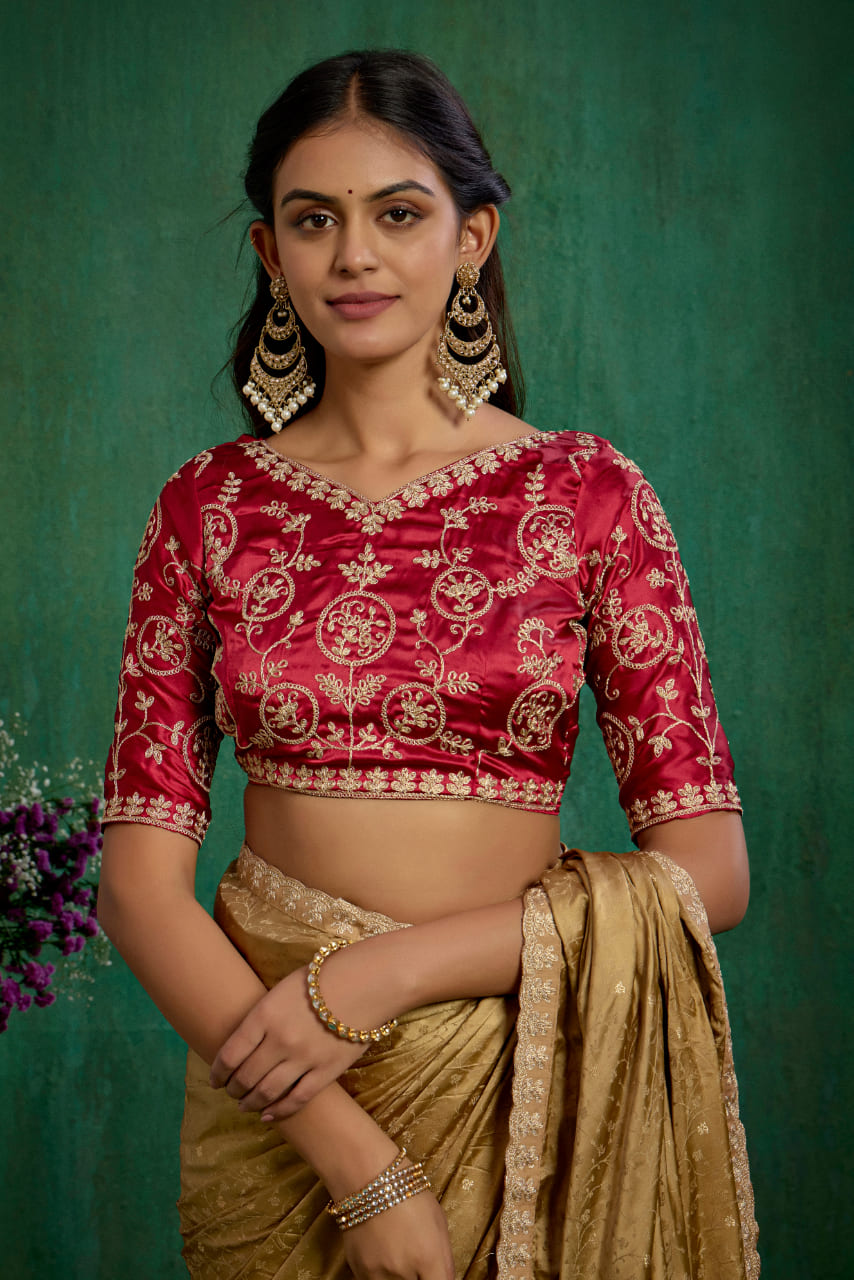 Brown Elegant Satin Jacquard Embroidery Ready to Wear Saree - Shop Now Online-RTW-4374