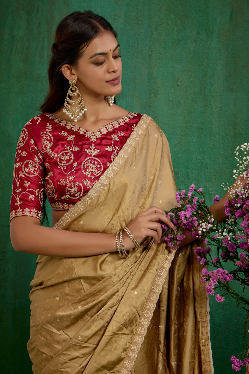 Brown Elegant Satin Jacquard Embroidery Ready to Wear Saree - Shop Now Online-RTW-4374