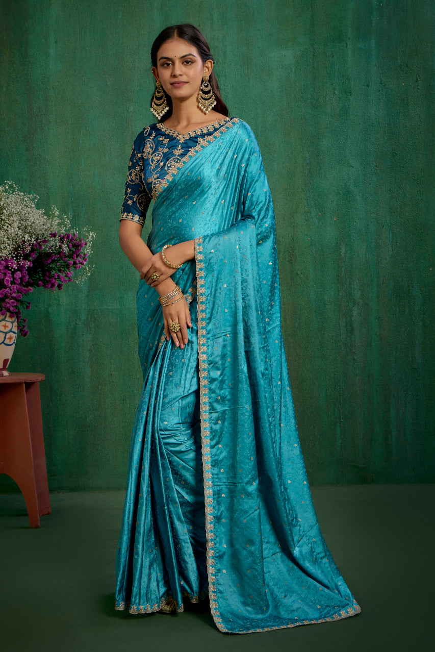 Sea Green Elegant Satin Jacquard Embroidery Ready to Wear Saree - Shop Now Online-RTW-4375