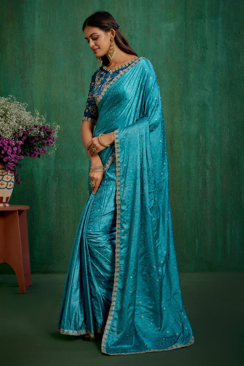 Sea Green Elegant Satin Jacquard Embroidery Ready to Wear Saree - Shop Now Online-RTW-4375