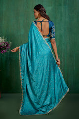 Sea Green Elegant Satin Jacquard Embroidery Ready to Wear Saree - Shop Now Online-RTW-4375