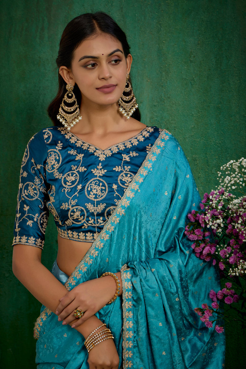 Sea Green Elegant Satin Jacquard Embroidery Ready to Wear Saree - Shop Now Online-RTW-4375