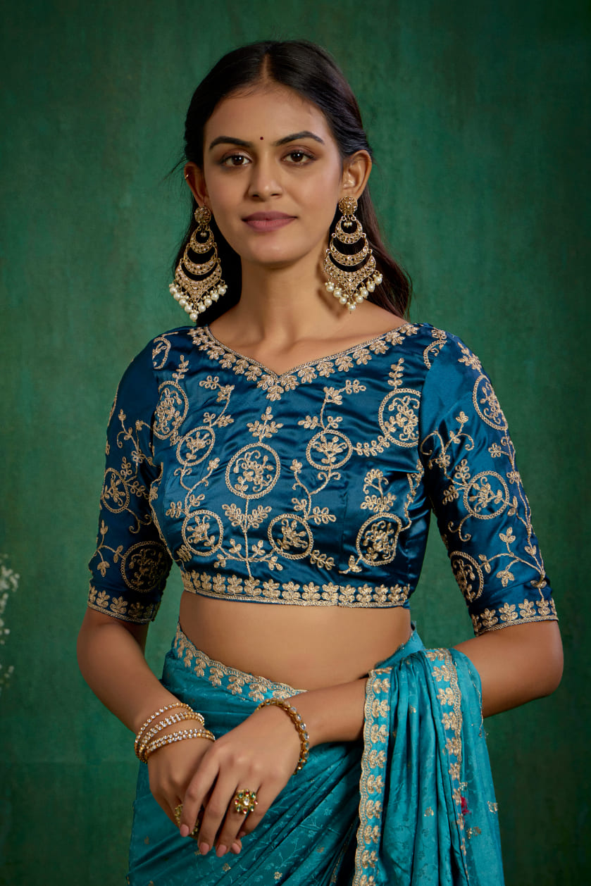 Sea Green Elegant Satin Jacquard Embroidery Ready to Wear Saree - Shop Now Online-RTW-4375