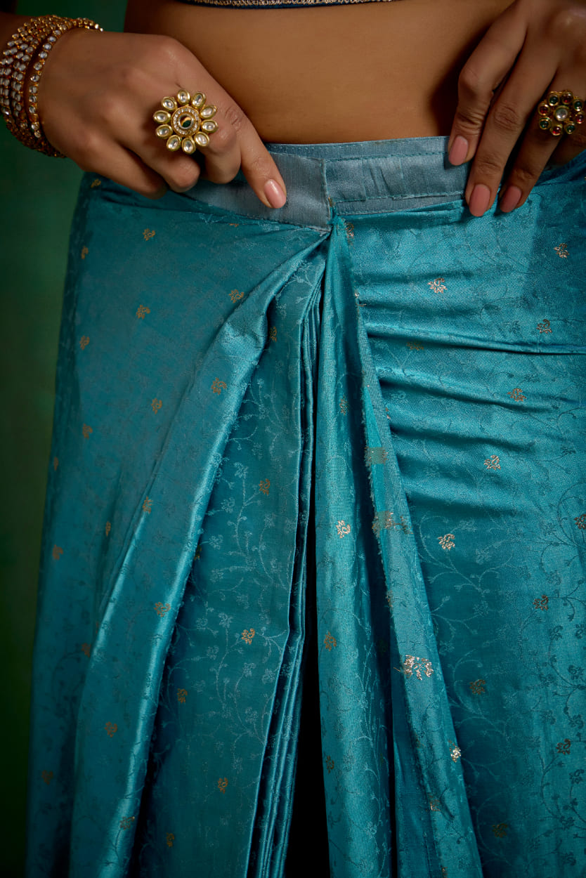 Sea Green Elegant Satin Jacquard Embroidery Ready to Wear Saree - Shop Now Online-RTW-4375