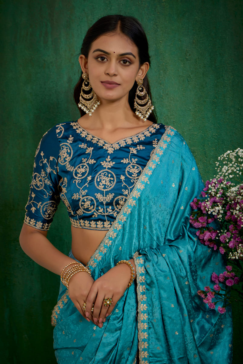 Sea Green Elegant Satin Jacquard Embroidery Ready to Wear Saree - Shop Now Online-RTW-4375