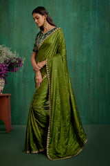 Olive Green Elegant Satin Jacquard Embroidery Ready to Wear Saree - Shop Now Online-RTW-4376