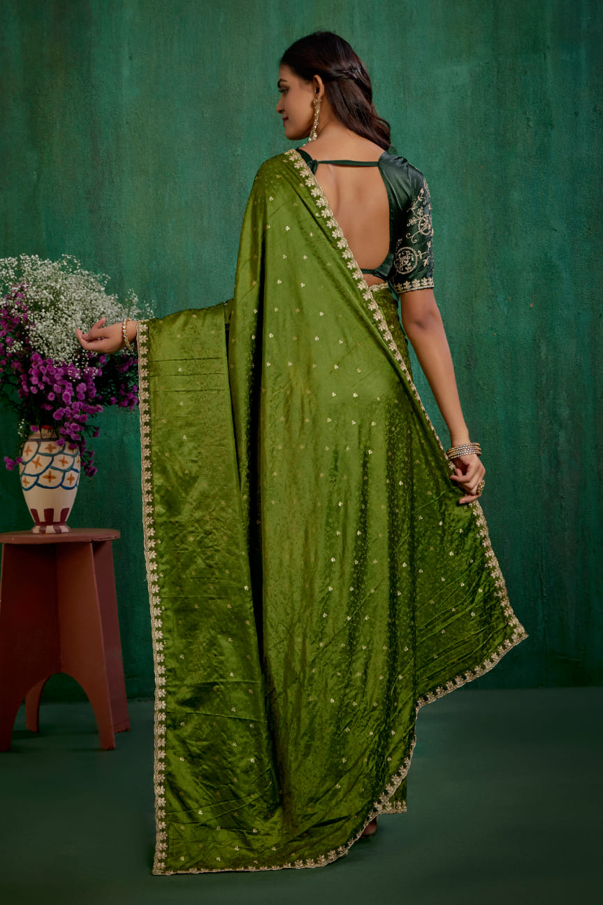 Olive Green Elegant Satin Jacquard Embroidery Ready to Wear Saree - Shop Now Online-RTW-4376